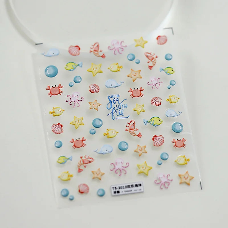 5D Embossed Ocean Nail Stickers | Kawaii Sea Shell Manicure Decals