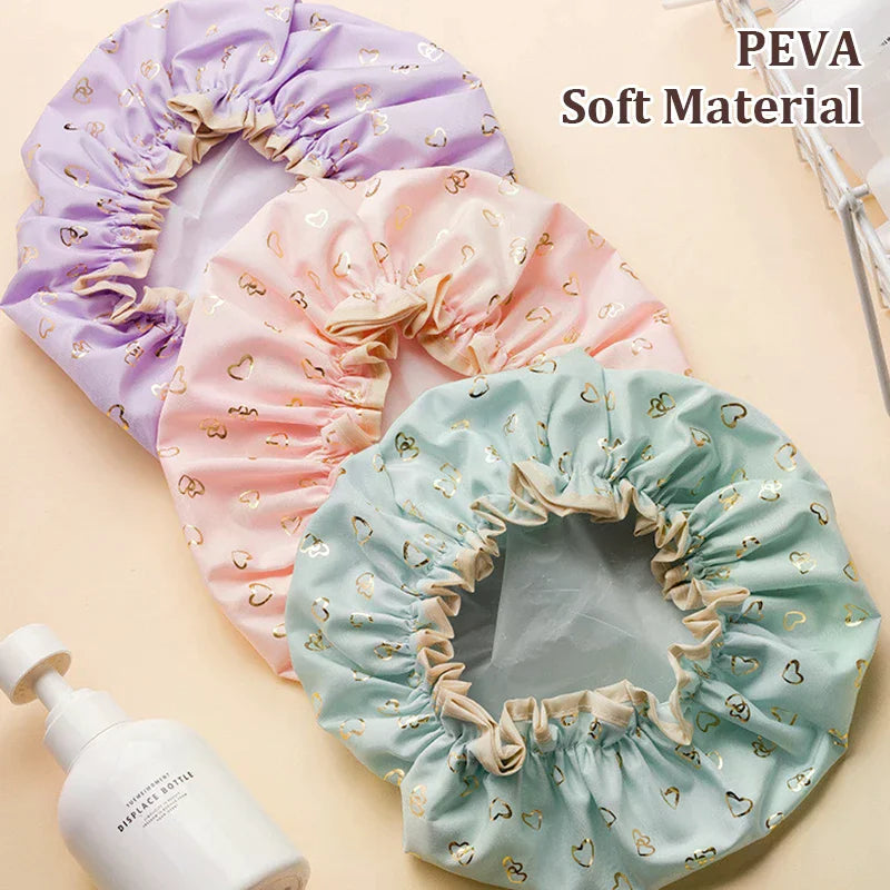 Double Layer Waterproof Shower Cap | PEVA Elastic Hair Cover Shower Cap QXL