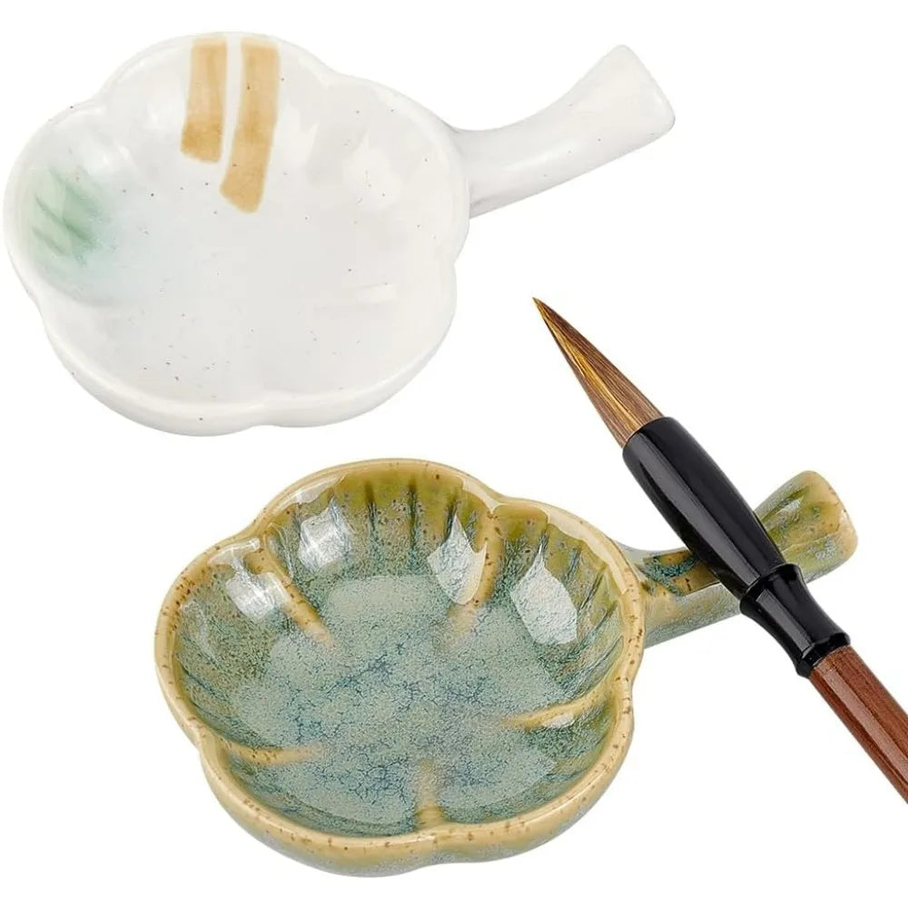 Ceramic Ink Dish Set of 2 | Flower Shape Calligraphy Brush Rest Ceramic Ink Dish QXL