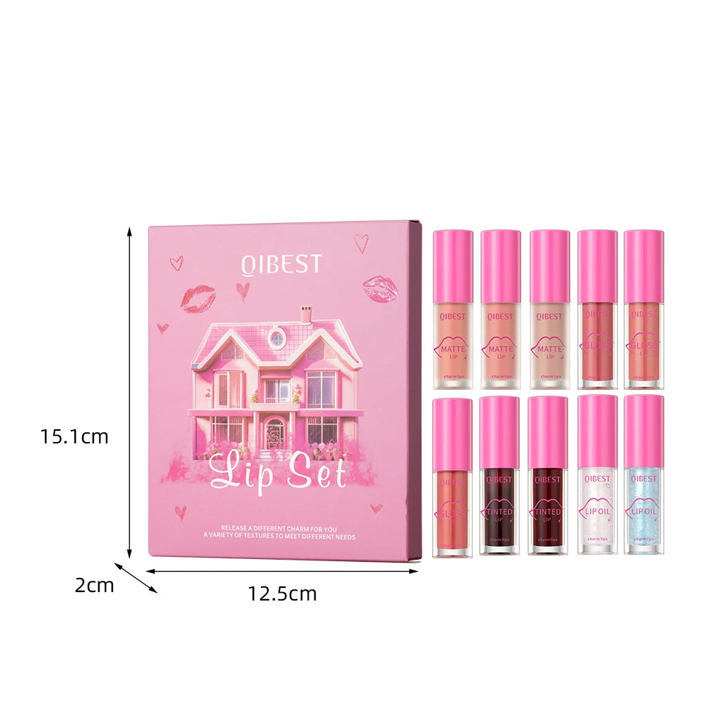QIBEST 10-Pc Lip Set | Matte Gloss, Tint, Lip Oil Combo Lip Makeup Set QXL