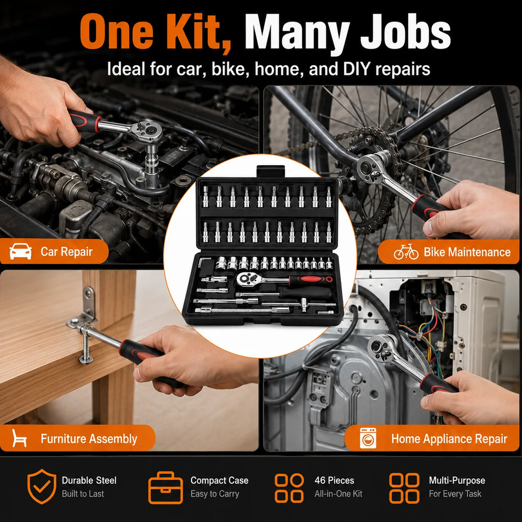 46-Pc 1/4" Drive Socket Wrench Set | Metric Ratchet Kit Socket Wrench Set QXL