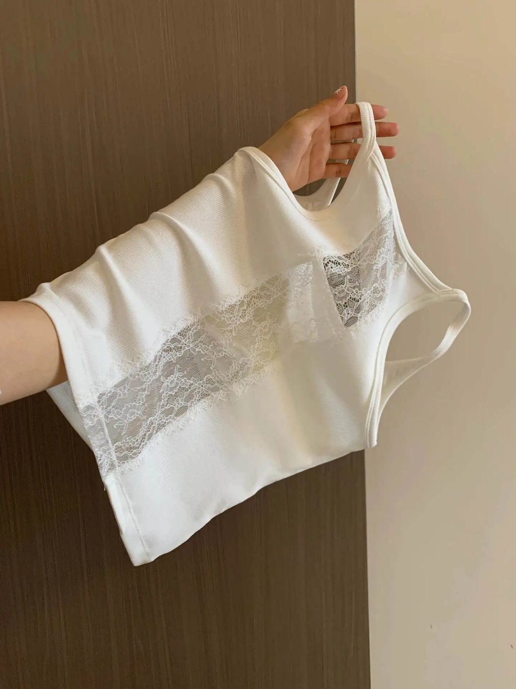 Ribbed Lace Cutout Padded Camisole | Cropped Knit Tank Top Padded Knit Camisole QXL 870WHITE One Size