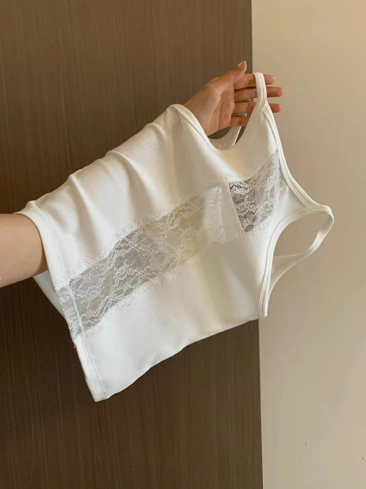 Ribbed Lace Cutout Padded Camisole | Cropped Knit Tank Top Padded Knit Camisole QXL 870WHITE One Size