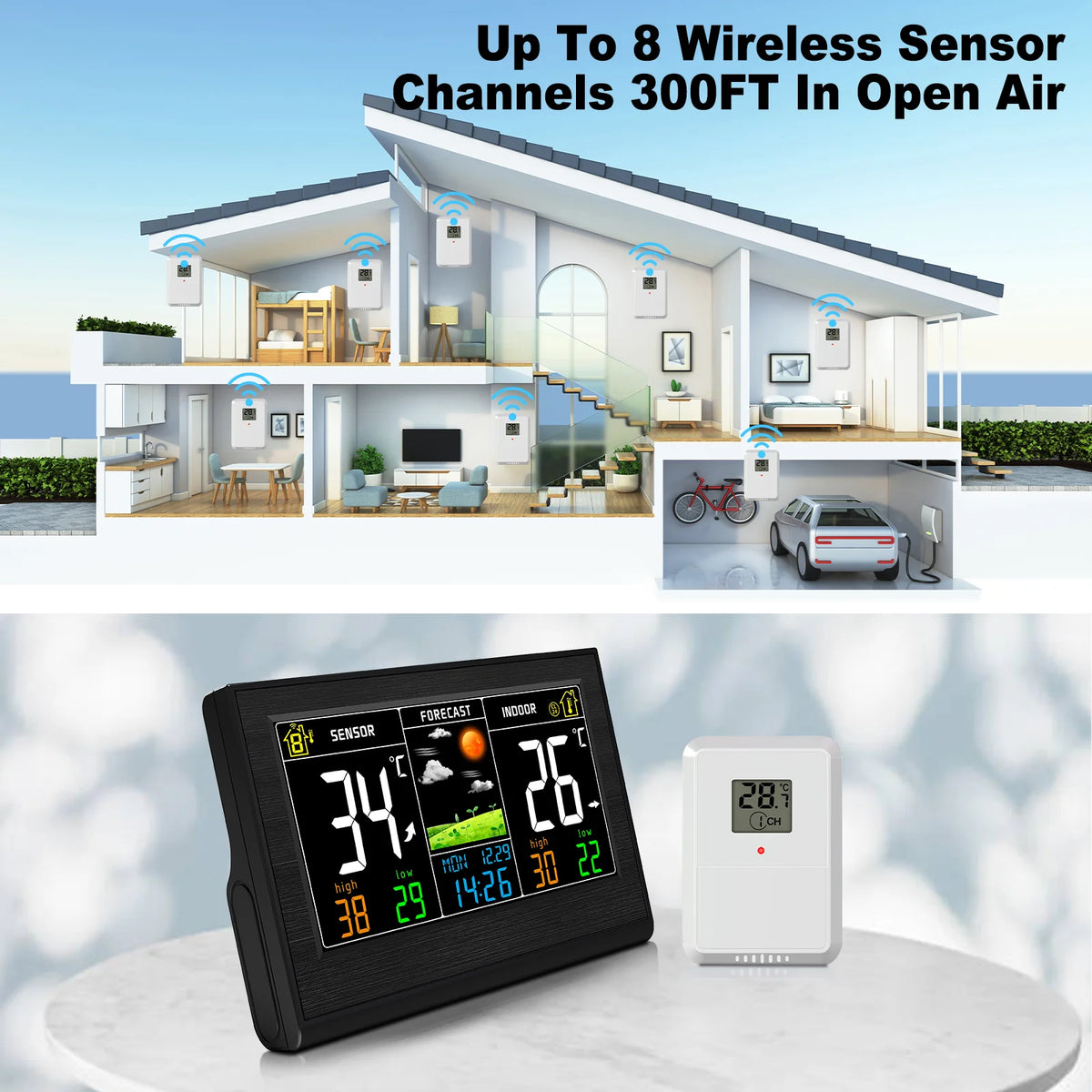 Wireless Color Weather Station | 8-Sensor Outdoor Thermometer Weather Station QXL
