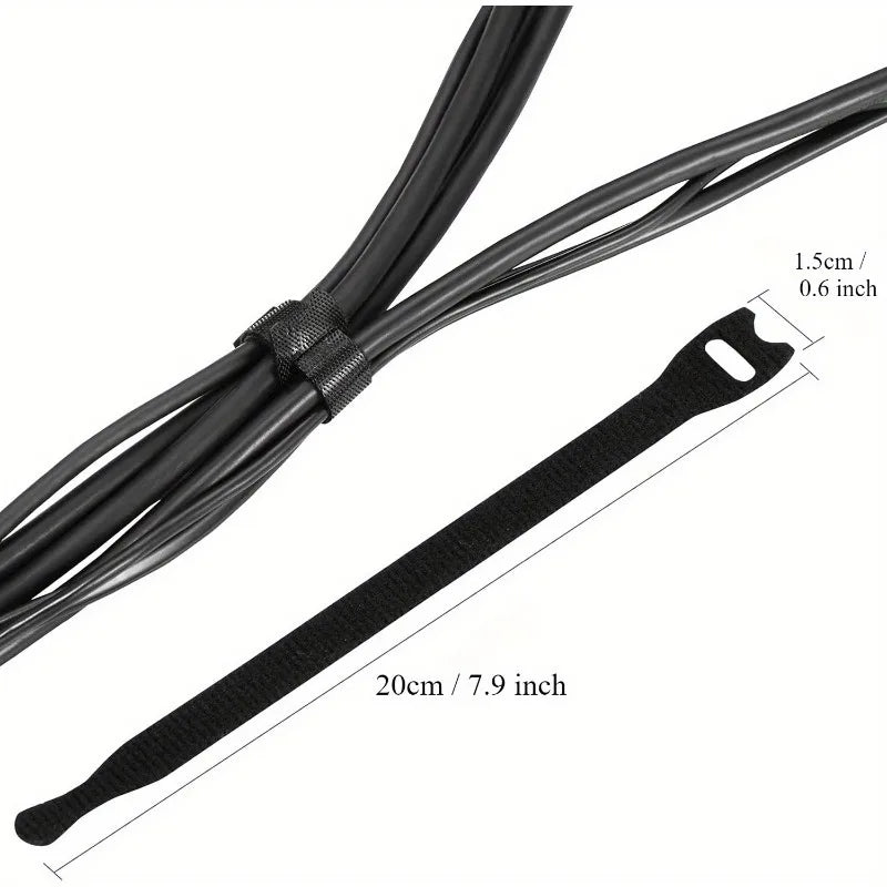 200-Pack Reusable Hook & Loop Cable Ties 8"×0.5" | Black Reusable Cable Ties QXL