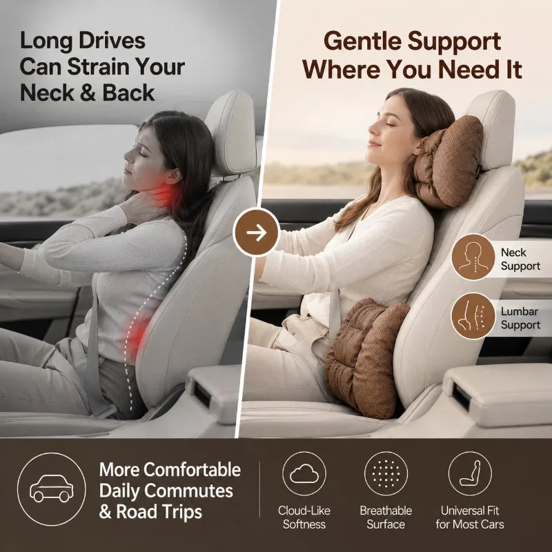 Car Neck & Lumbar Pillow Set | Breathable Faux Leather Cushions Car Seat Pillow Set QXL