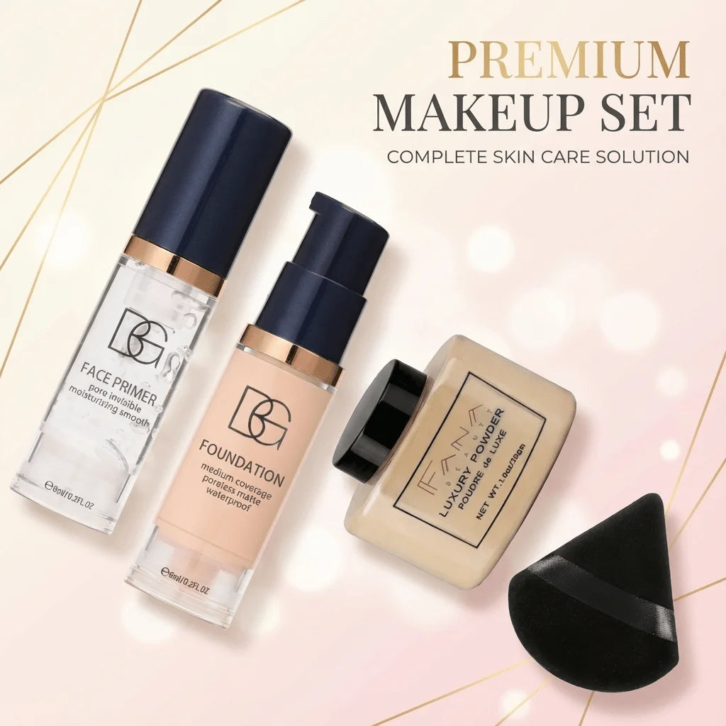 4-Pc Face Makeup Set | Primer, Foundation, Powder & Puff Face Makeup Set QXL