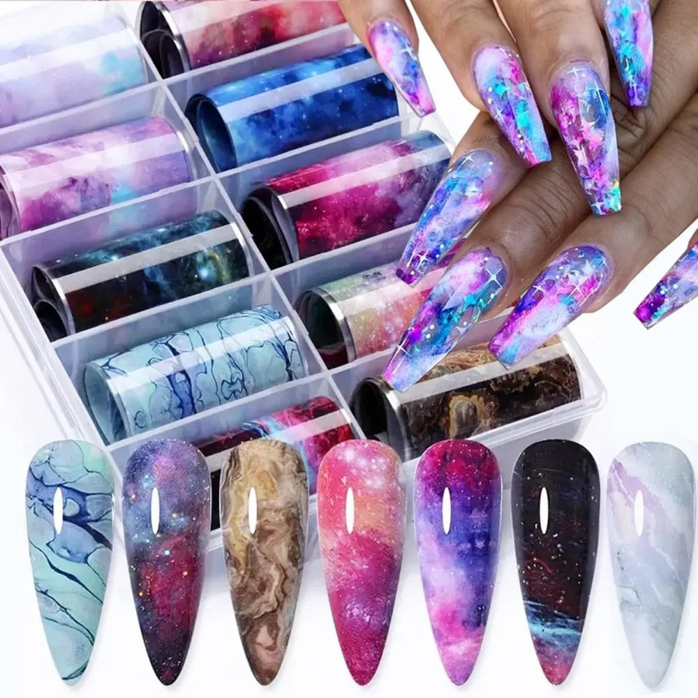 Marble Aurora Nail Art Foil Transfer Stickers – 10 Rolls Nail Foil Stickers QXL Style 04