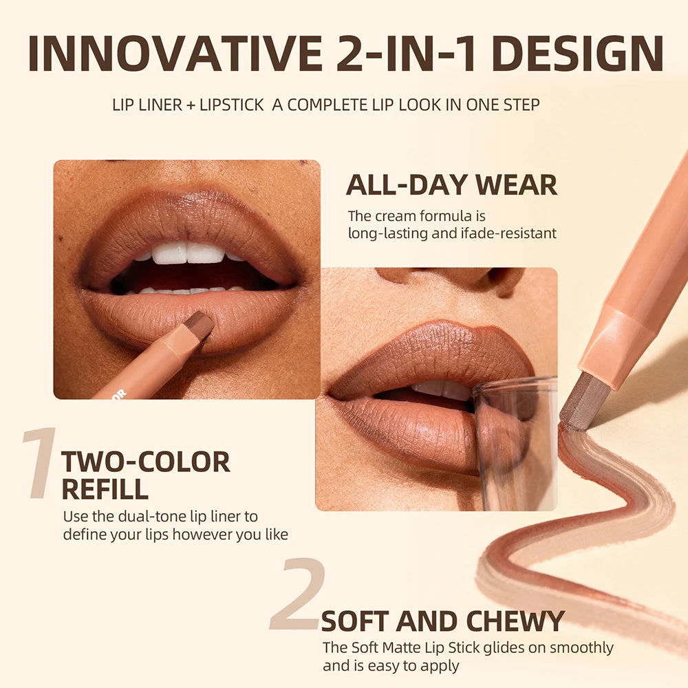 QiBest Dual Matte Lip Liner & Lipstick Pen | Waterproof Nude Dual Lip Liner Pen QXL