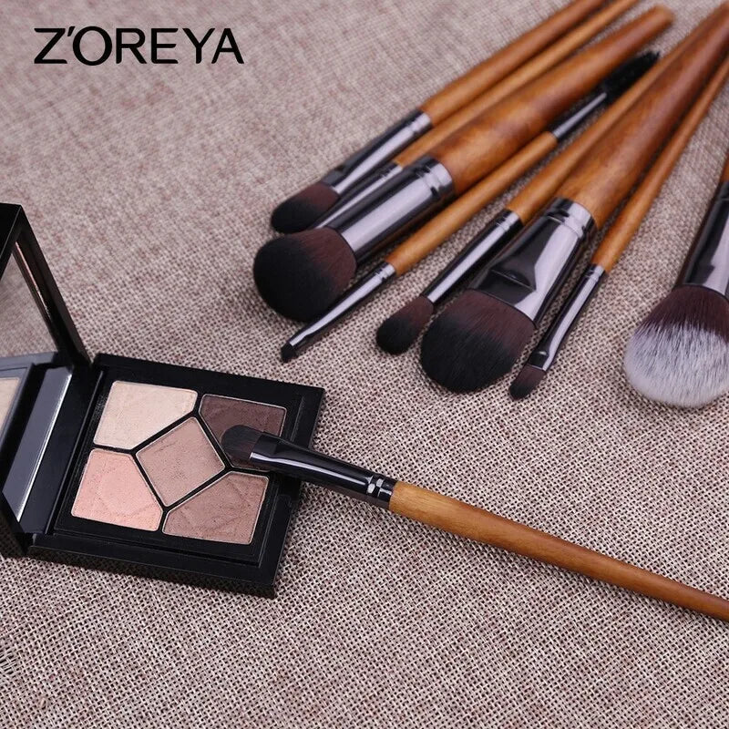 Zoreya 9-Piece Walnut Wood Makeup Brush Set | Full Face Makeup Brush Set QXL