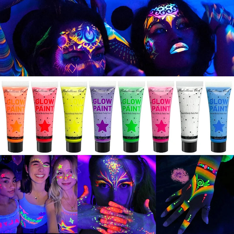 UV Glow Face & Body Paint – 8 Neon Colors, 10ml Tubes UV Body Paint QXL