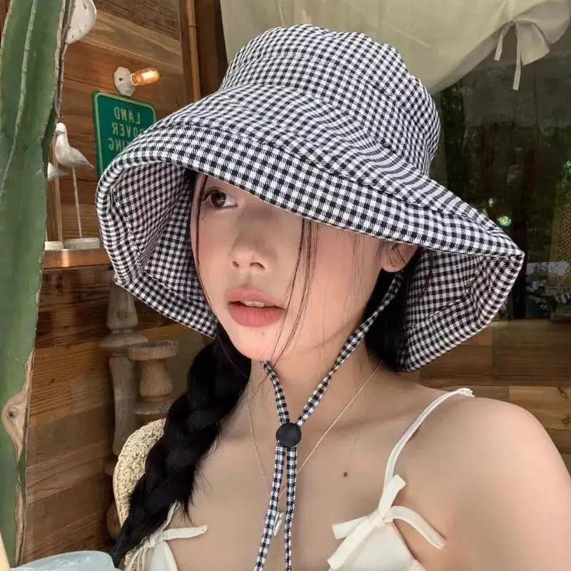 Women's Houndstooth Wide Brim Bucket Hat | Summer Beach Sun Hat Wide Brim Bucket Hat QXL