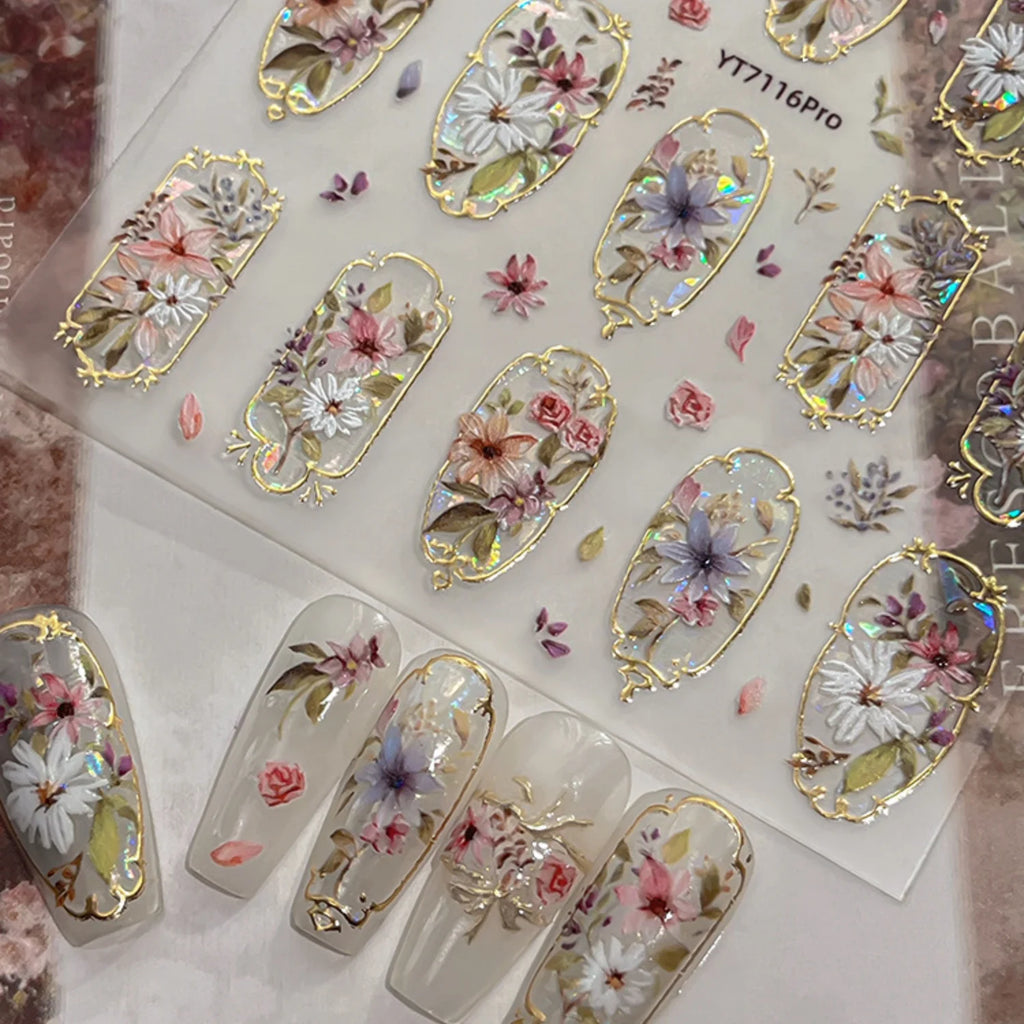 5D Retro Floral Nail Stickers | Watercolor Oil Painting Decals Nail Art Stickers QXL