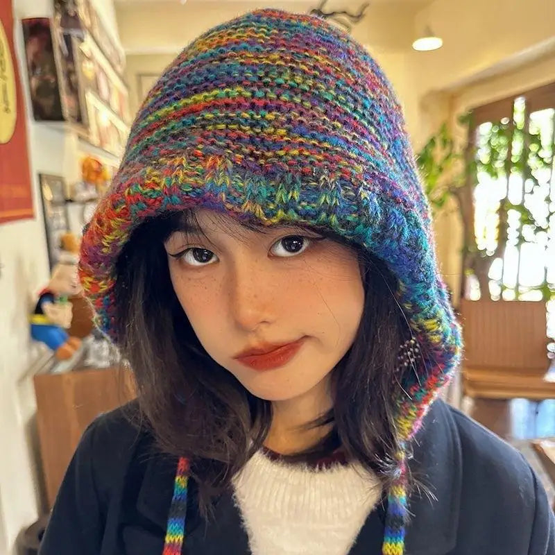 Rainbow Striped Knit Beanie Hat | Women's Winter Ear Warmer Knit Beanie Hat QXL