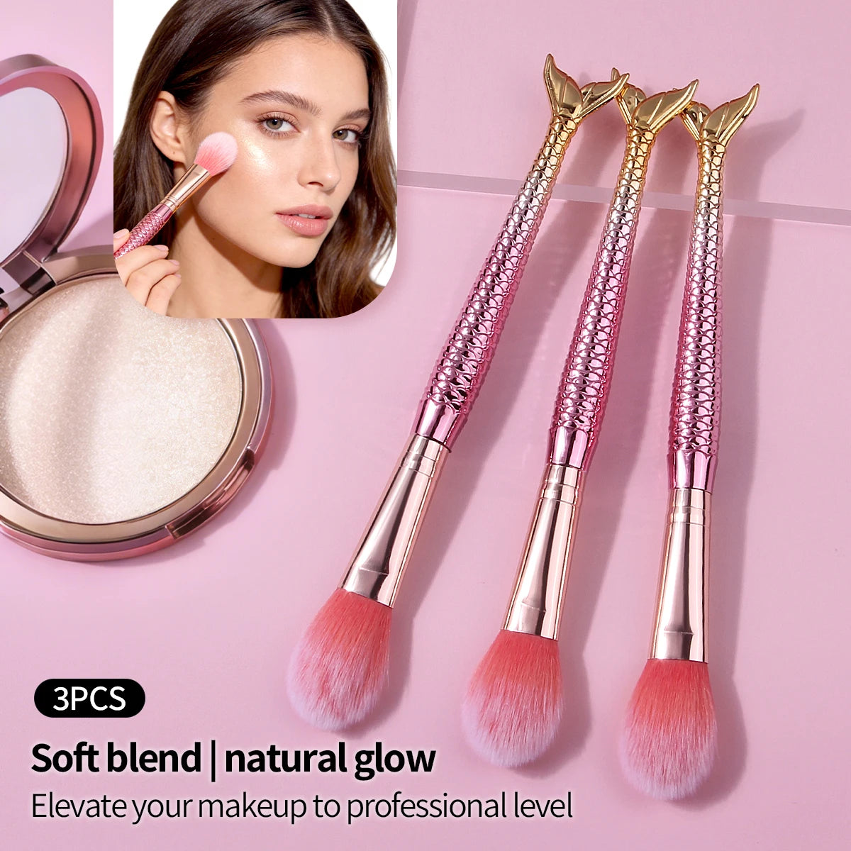 KOSSHOW 3-Pc Mermaid Blush & Highlighter Makeup Brush Set Makeup Brush Set QXL