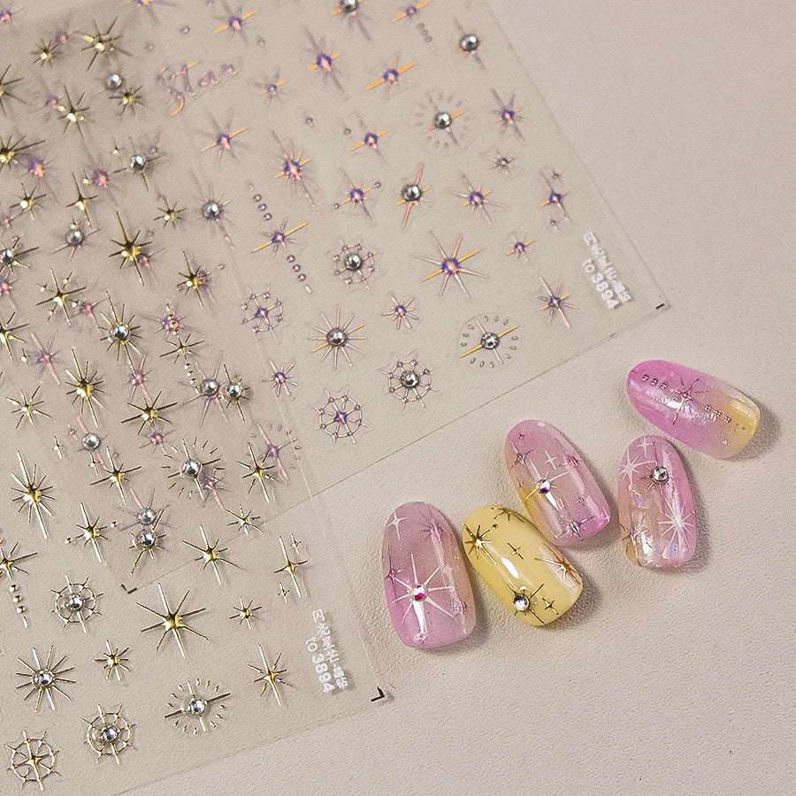 5D Bronzing Star Nail Stickers | Gold Silver Laser Decals Nail Art Stickers QXL