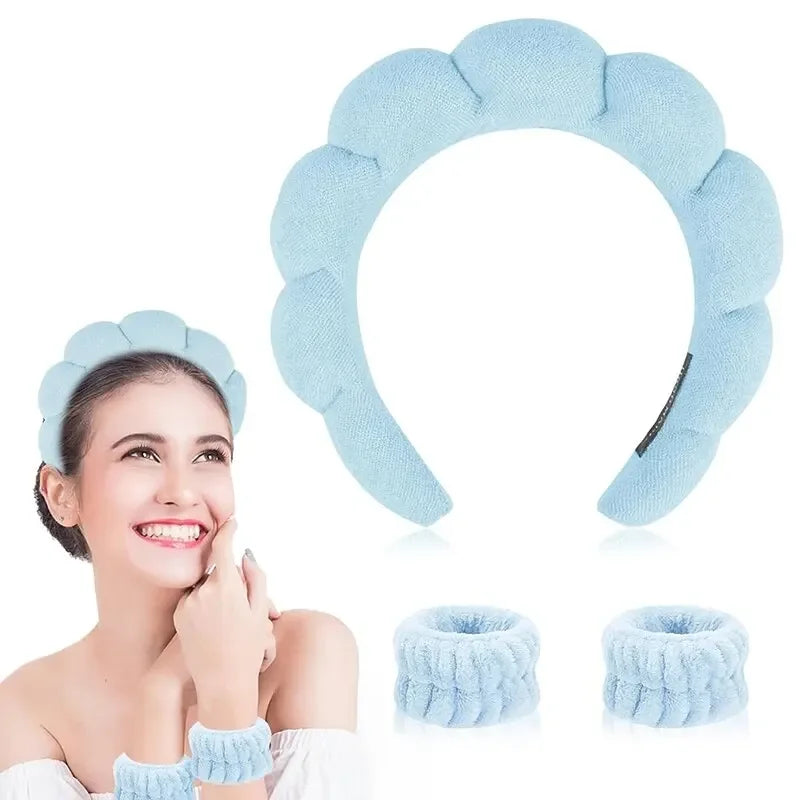 3-Pc Puffy Sponge Headband & Wristband Set for Face Washing Spa Headband Set QXL M121 Blue