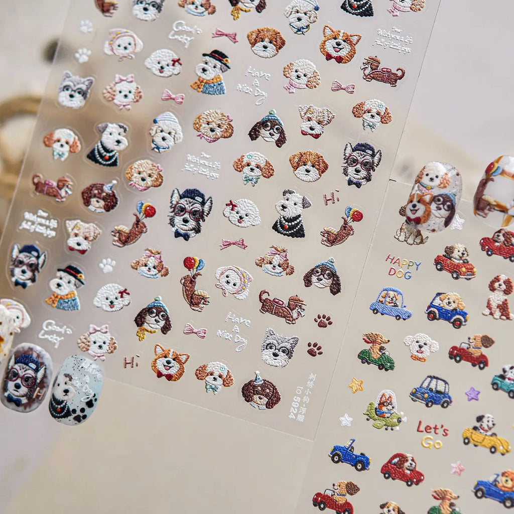 5D Dog Nail Stickers – Schnauzer Shiba Vintage Embroidery Nail Art Stickers QXL