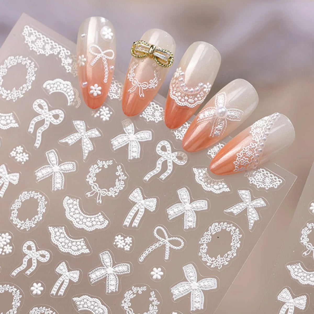 5D French Ballet Nail Stickers – White Lace Bow Flower Decals Nail Art Stickers QXL