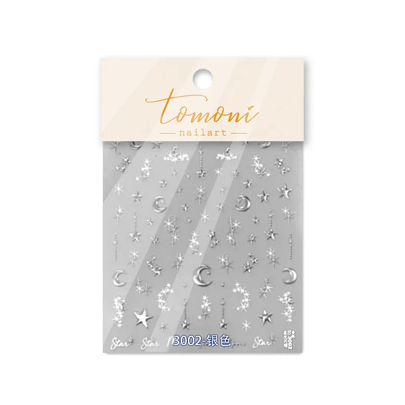 5D Bronzing Nail Stickers – Gold & Silver Stars & Moon Nail Art Stickers QXL T-3002 Silver