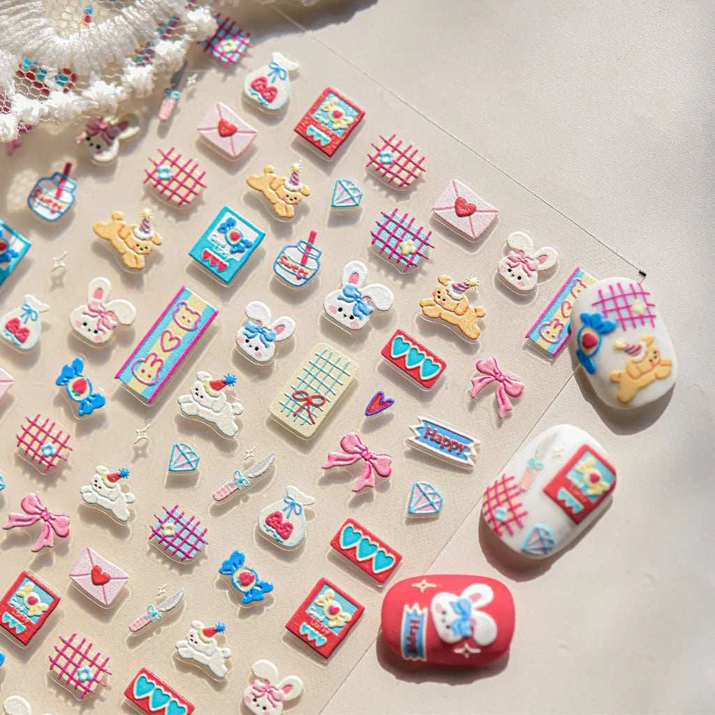 5D Embossed Nail Art Stickers | Cute Animal & Fruit Designs Nail Art Stickers QXL