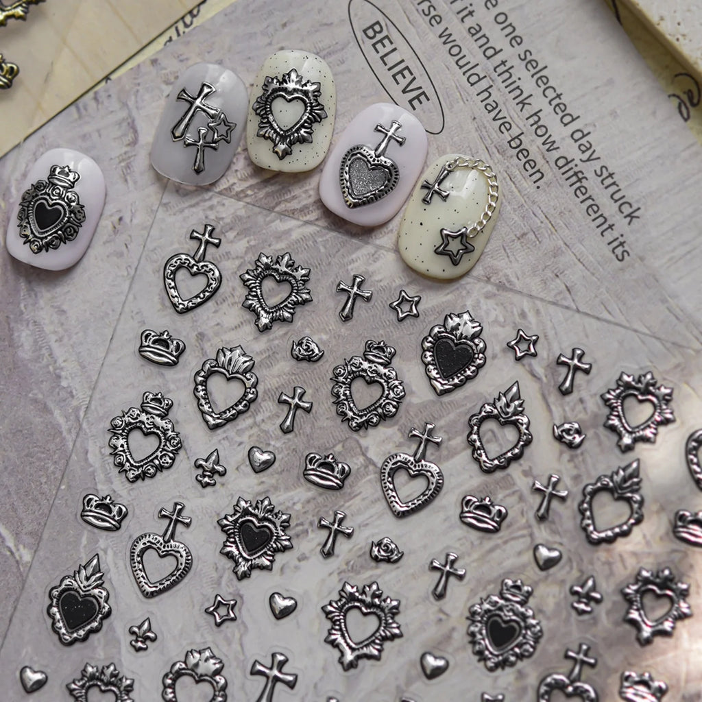 5D Vintage Metal Nail Art Stickers | Y2K Heart Crown Star Decals Nail Art Stickers QXL