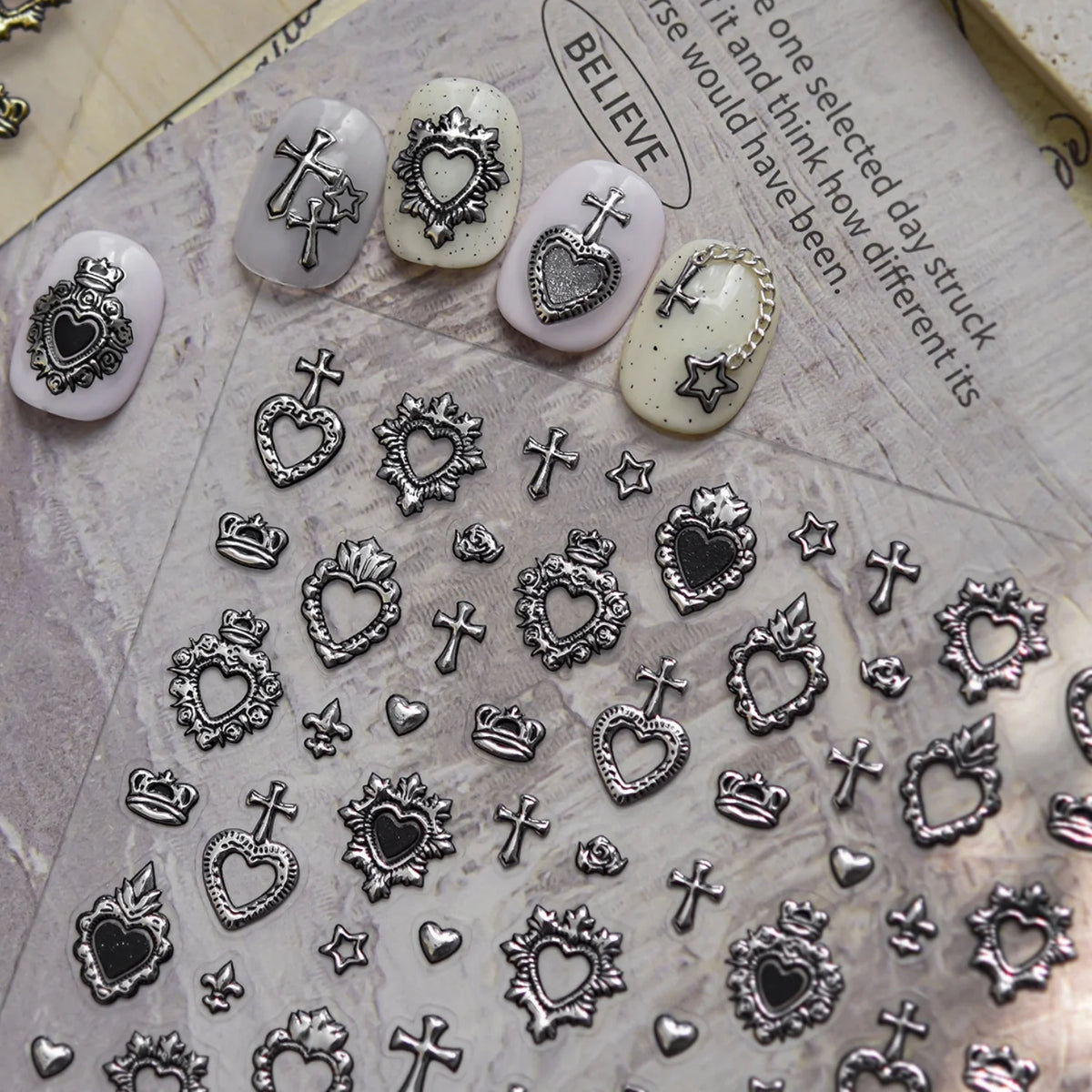 5D Vintage Metal Nail Art Stickers | Y2K Heart Crown Star Decals Nail Art Stickers QXL