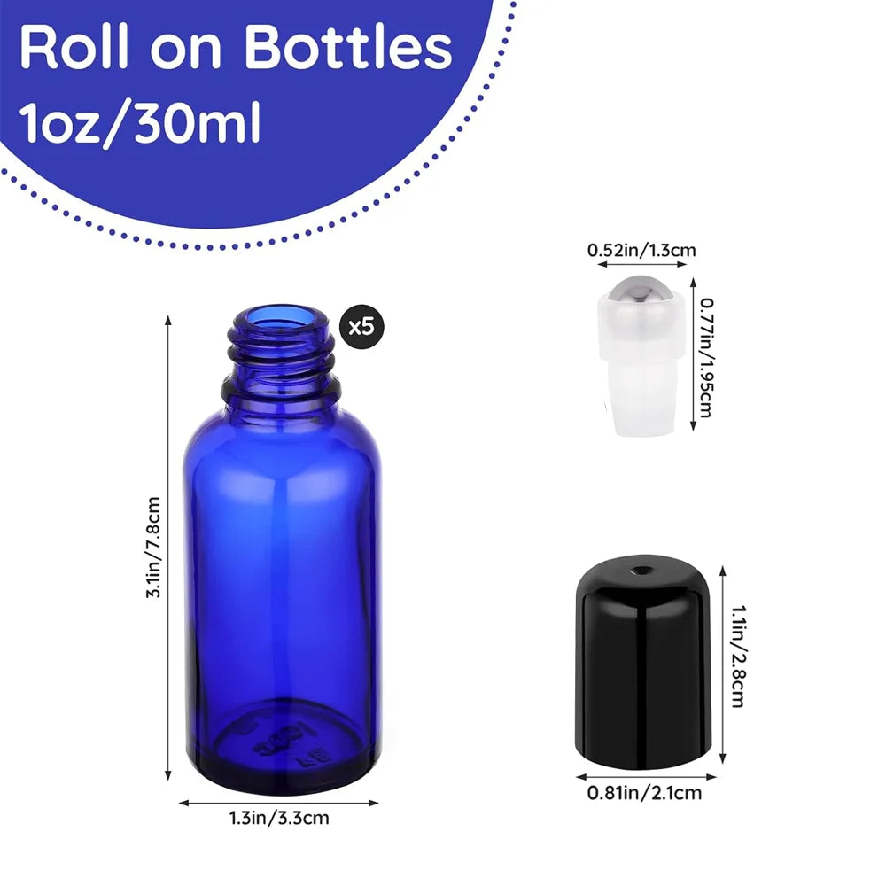 5-Pack 30ml Blue Glass Roller Bottles | Refillable Oil Applicator Glass Roller Bottles QXL