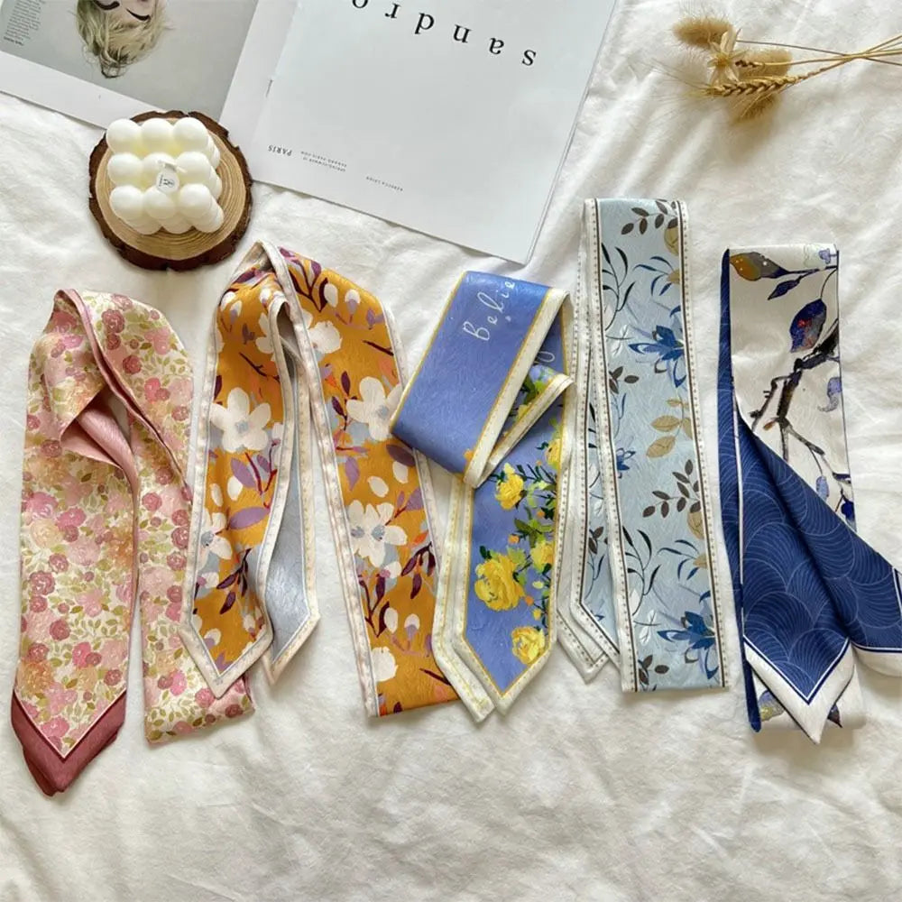 Satin Silk Floral Ribbon Scarf | Long Thin Bag Strap for Women Ribbon Scarf QXL