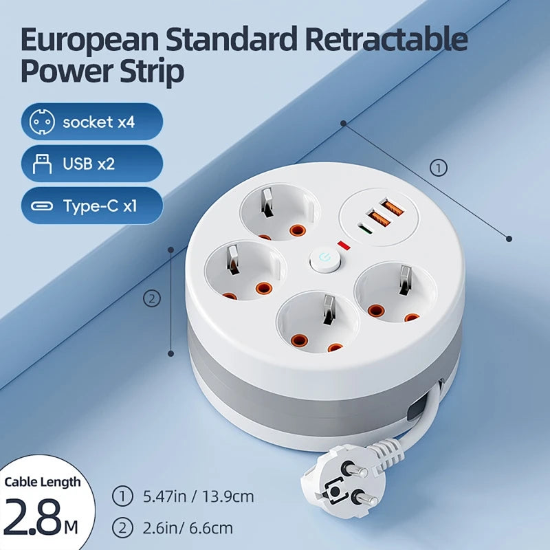 EU Power Strip 4 Outlets USB USB-C | 2.8m Retractable Cable EU Power Strip QXL