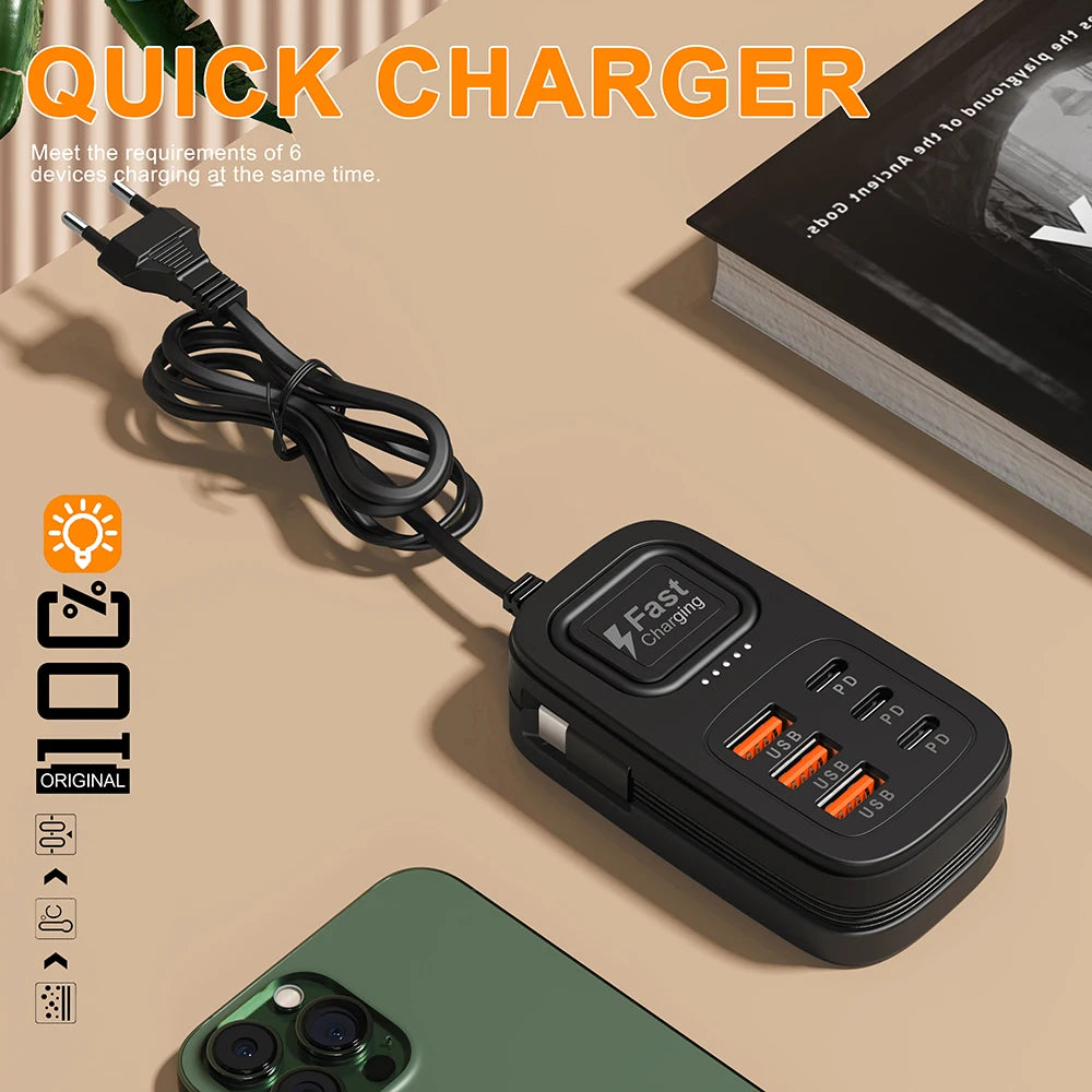 6-in-1 Desktop Charging Station | 3 USB-C PD & 3 USB Ports Desktop Charging Station QXL