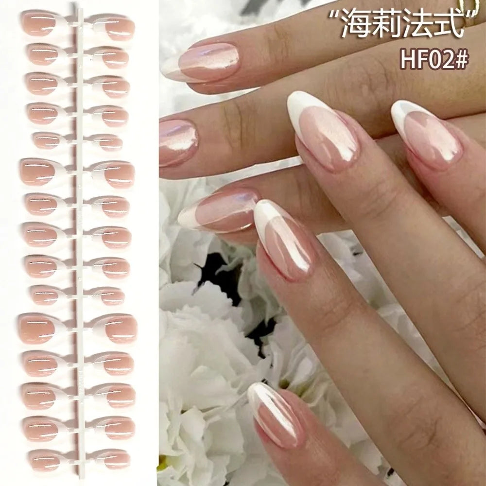 30-Pc Nude Pink Press-On Nails | Glossy White Edge Medium Press-On Nails QXL 30pcs-HF02-