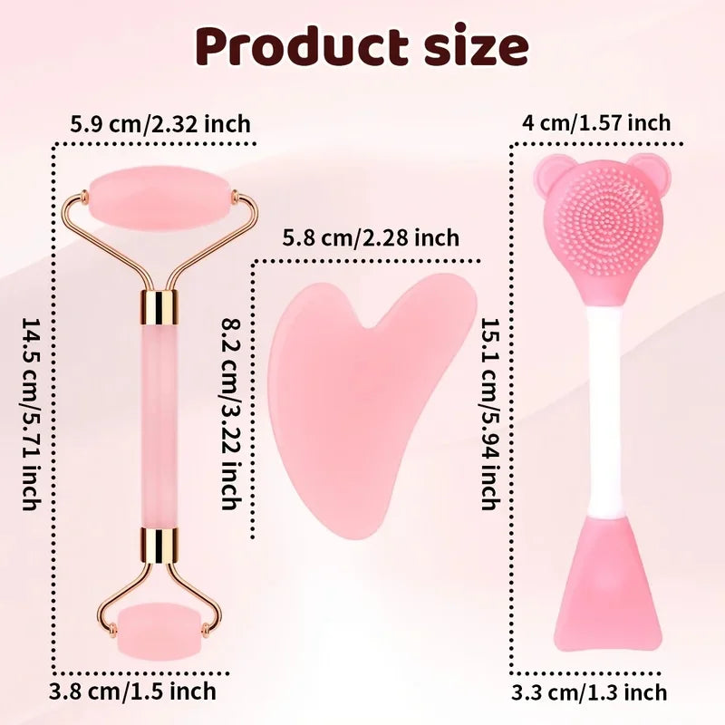 Jade & Rose Quartz Facial Roller & Gua Sha Scraping Set Facial Roller Set QXL