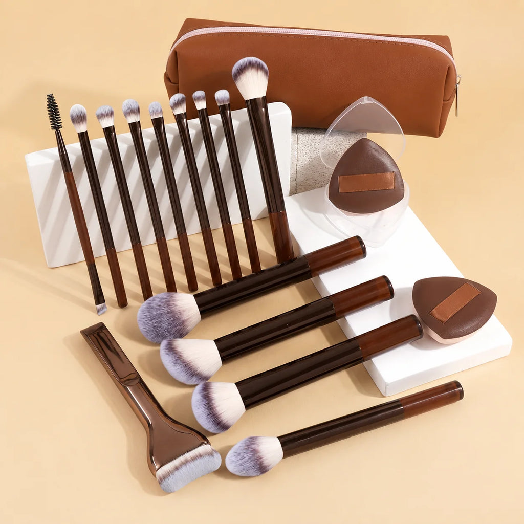17-Pc Makeup Brush Set with Bag & 2 Puffs | Travel Kit Makeup Brush Set QXL Chocolate