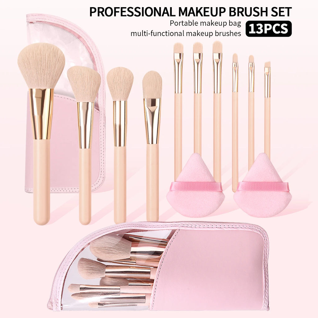 KOSSHOW 13-Pc Makeup Brush Set with Puffs & Pink Zipper Bag Makeup Brush Set QXL Pink