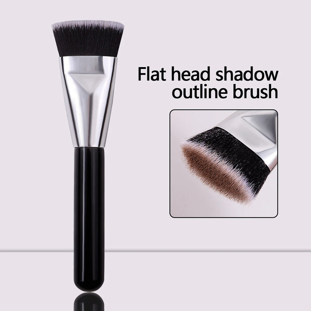 Flat Head Foundation & Contour Makeup Brush | Silver Tube Makeup Brush QXL black