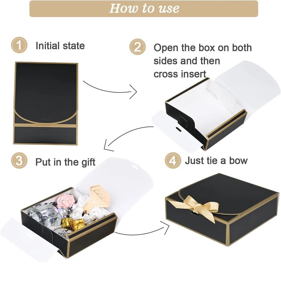 10-Pack Black Gift Boxes with Gold Trim & Ribbon 6.5"x6.5"x2" Gift Boxes QXL