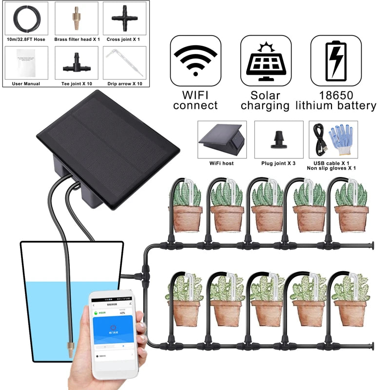 WiFi Solar Drip Irrigation Kit | Auto Watering + 10m Hose Drip Irrigation Kit QXL