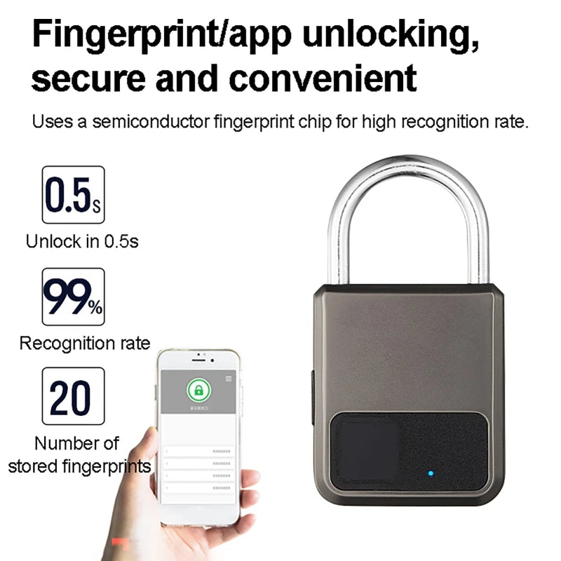 Smart Fingerprint Padlock IP68 Waterproof – App & USB Key Fingerprint Padlock QXL