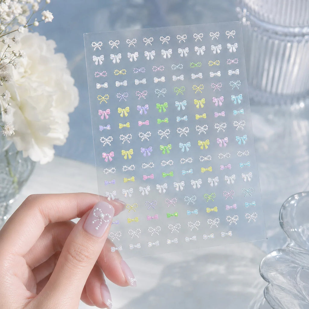 5D Bow Nail Stickers | Pearl Macaron French Style Decals Nail Art Stickers QXL