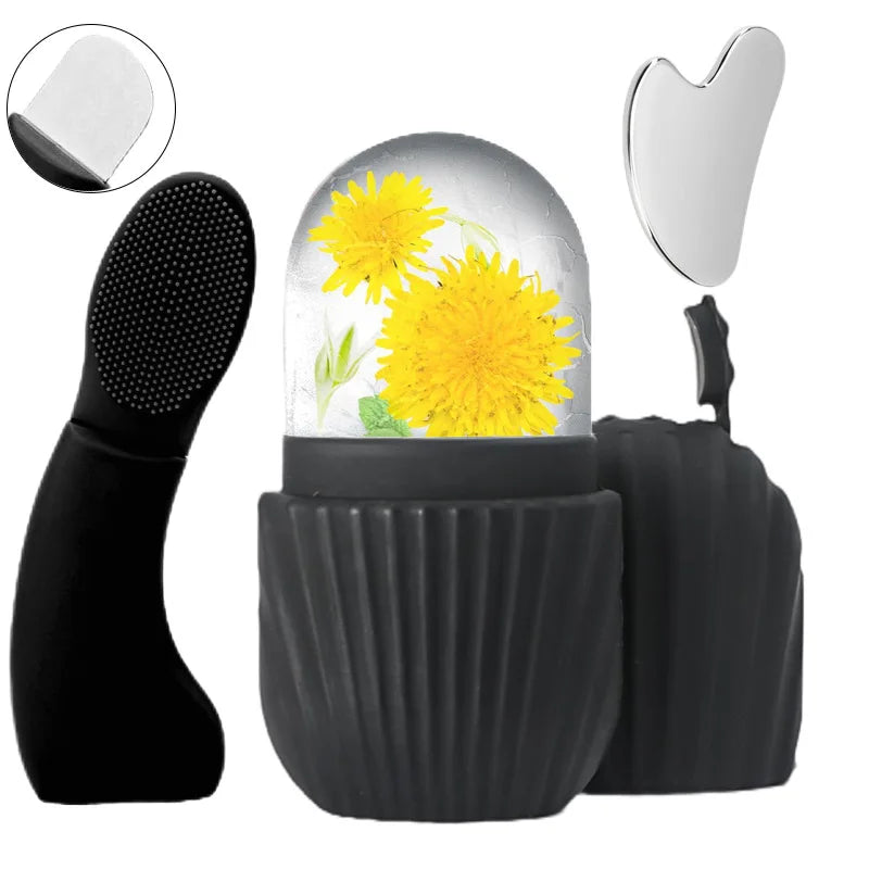 3-Piece Facial Tool Set – Ice Tray, Gua Sha & Face Brush Facial Skin Care Set QXL Black