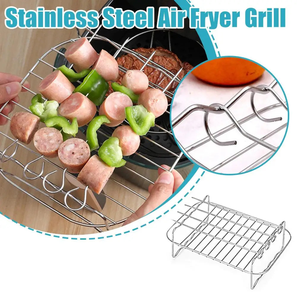 Stainless Steel Air Fryer Grill Rack with 4 Skewers & Baking Pan Air Fryer Grill Rack QXL