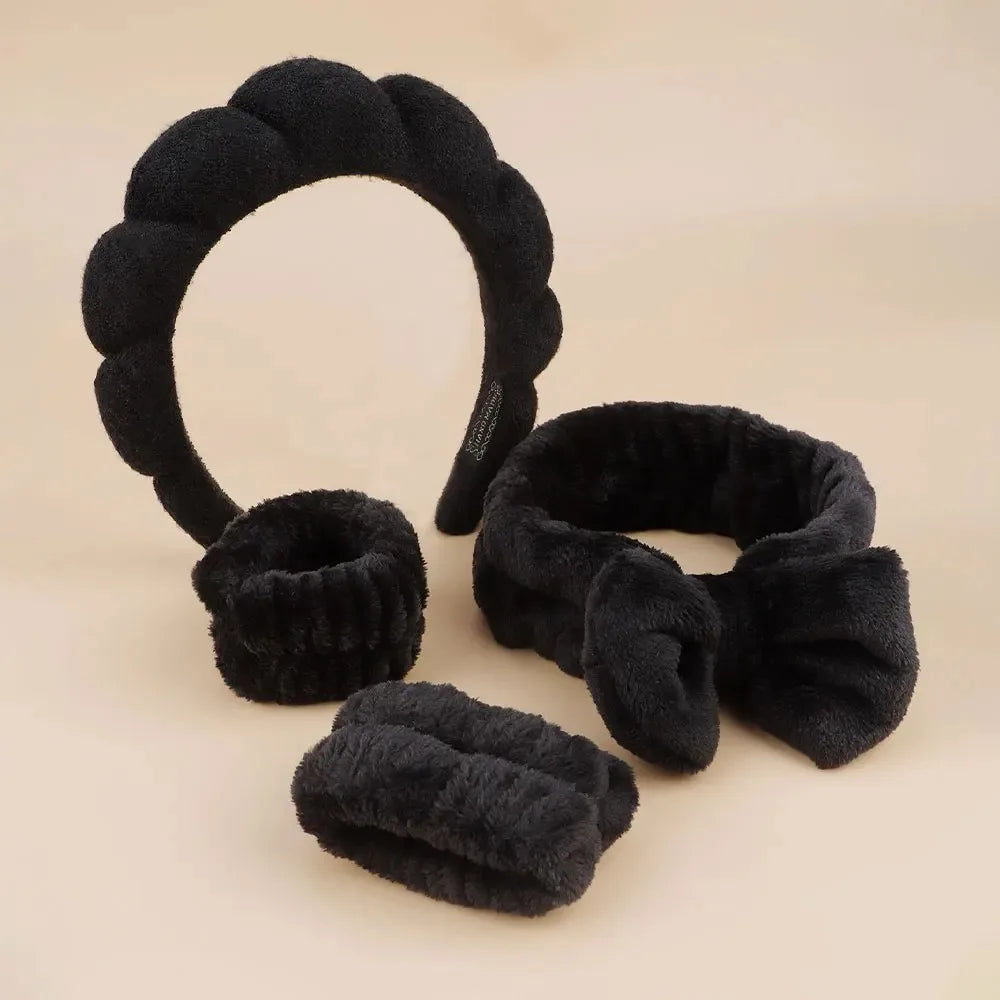4-Piece Spa Headband & Wristband Set | Soft Plush Face Wash Spa Headband Set QXL black