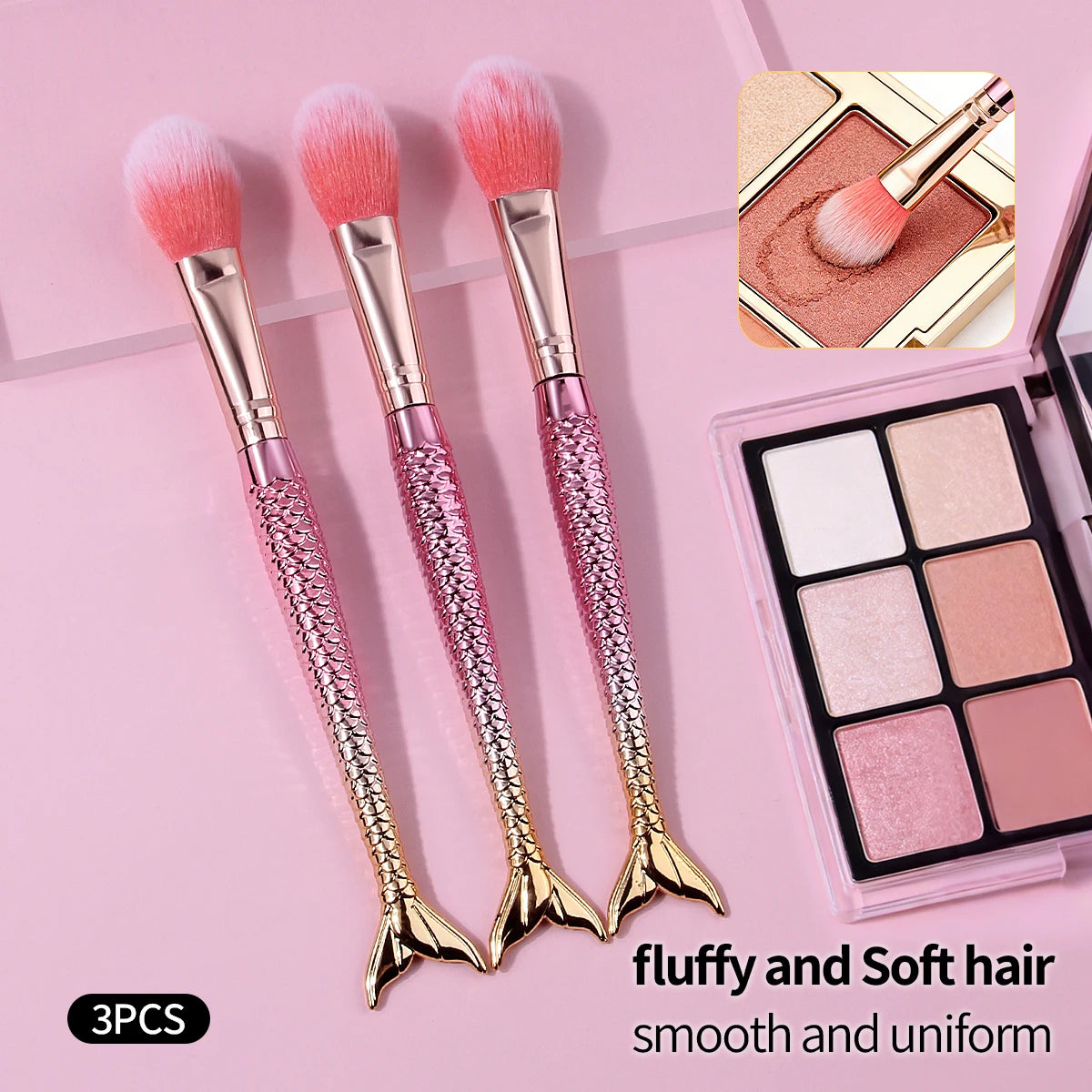 KOSSHOW 3-Pc Mermaid Blush & Highlighter Makeup Brush Set Makeup Brush Set QXL