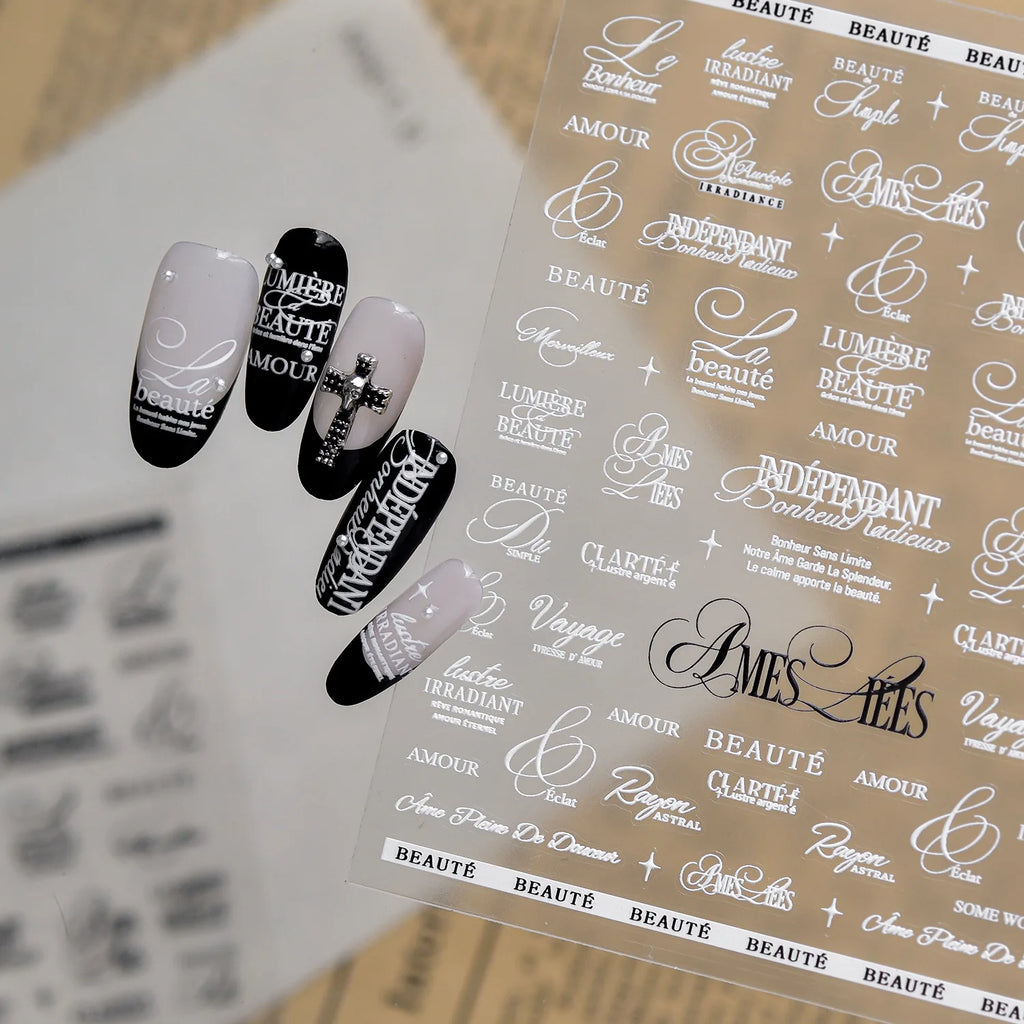 5D French Words Nail Stickers | Black & White Self-Adhesive Decals Nail Art Stickers QXL
