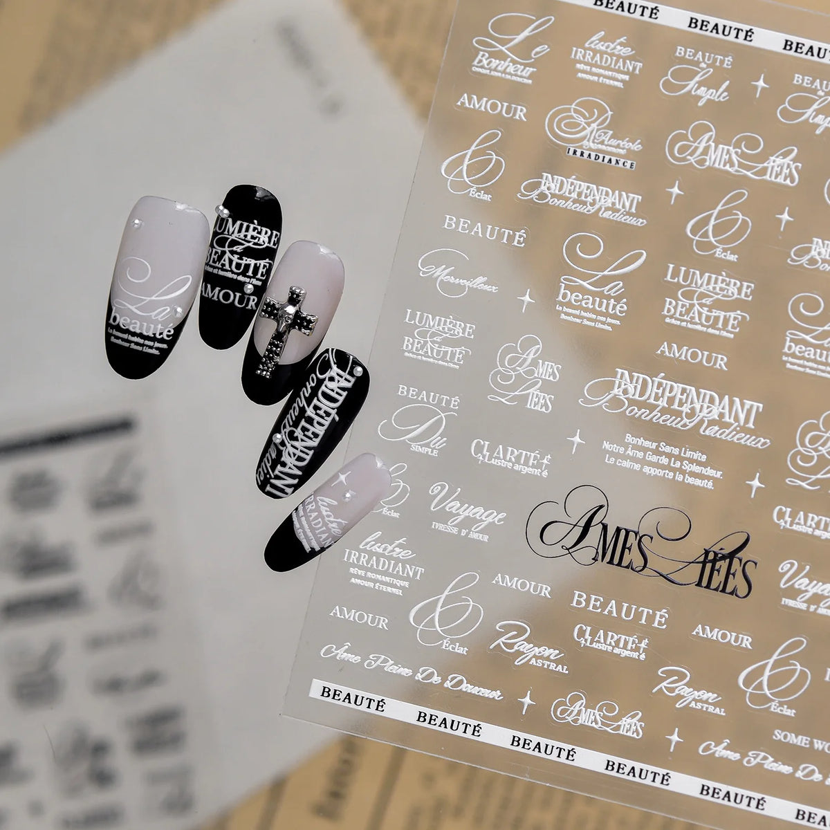 5D French Words Nail Stickers | Black & White Self-Adhesive Decals Nail Art Stickers QXL