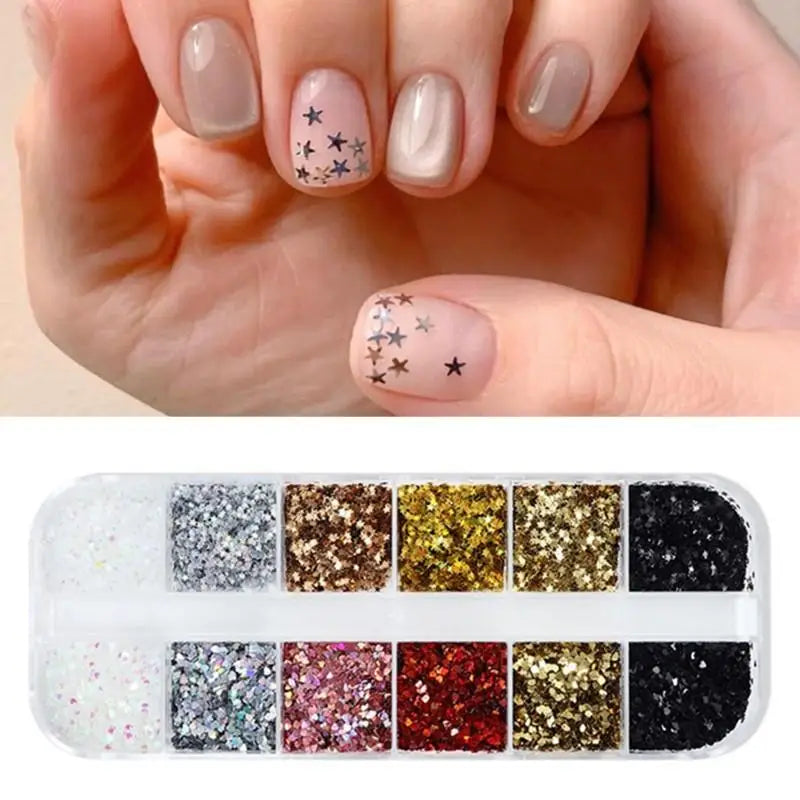 1mm Star & Heart Nail Glitter Set | 12 Laser Designs DIY Nail Glitter Set QXL