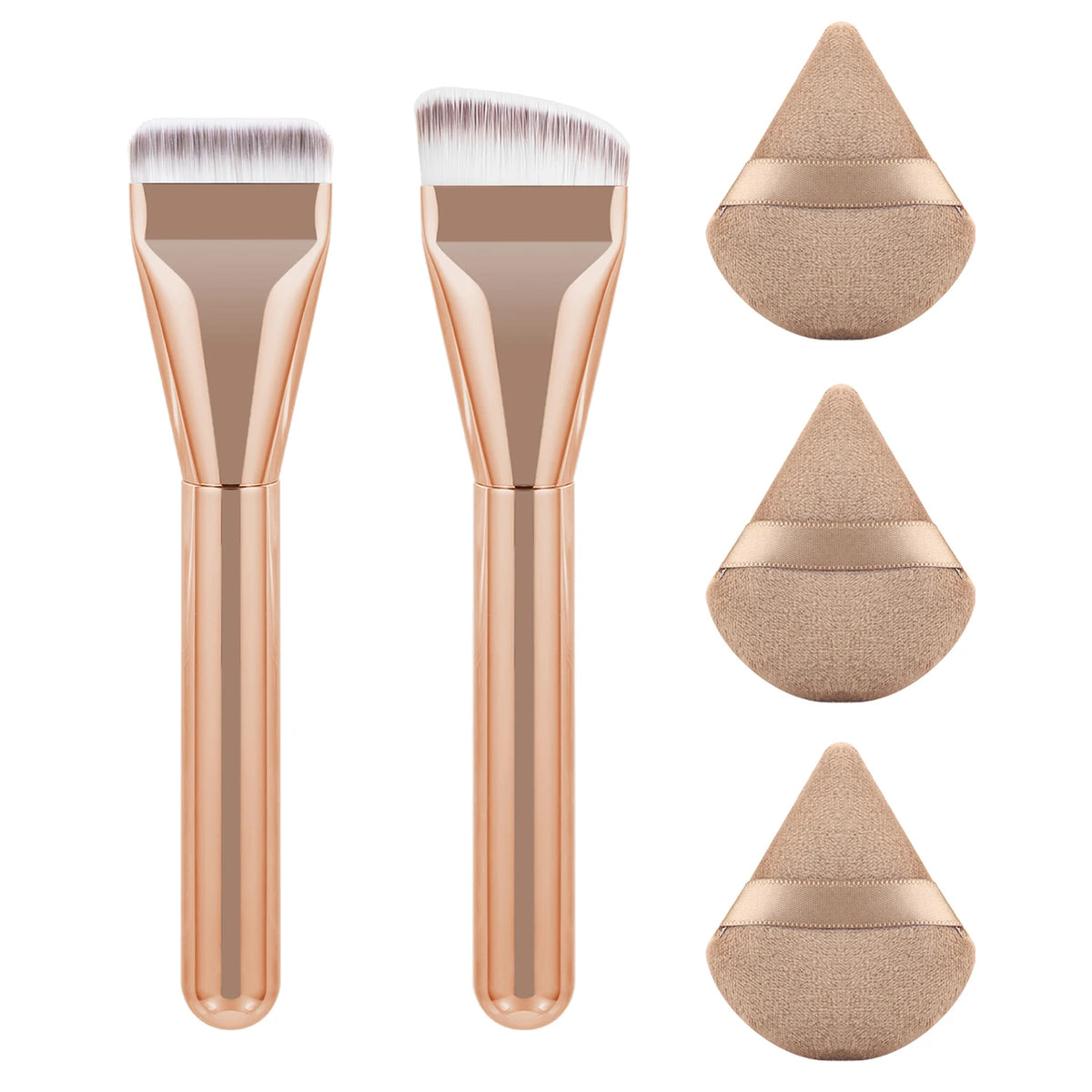 5-Pc Foundation Brush & Triangle Powder Puff Set | Ronshadow Makeup Brush Set QXL Rose Gold
