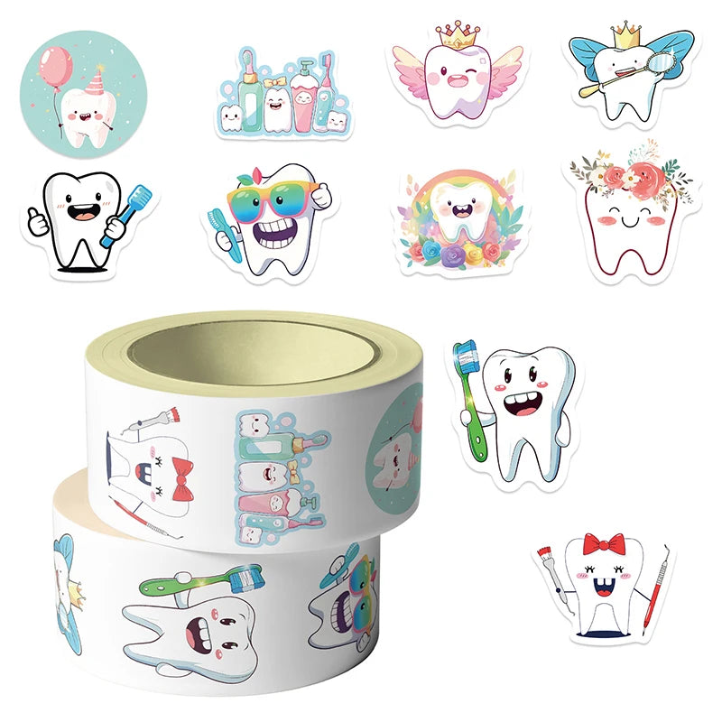 500 Tooth-Shaped Cartoon Stickers Roll | Kids Dental Rewards Dental Reward Stickers QXL