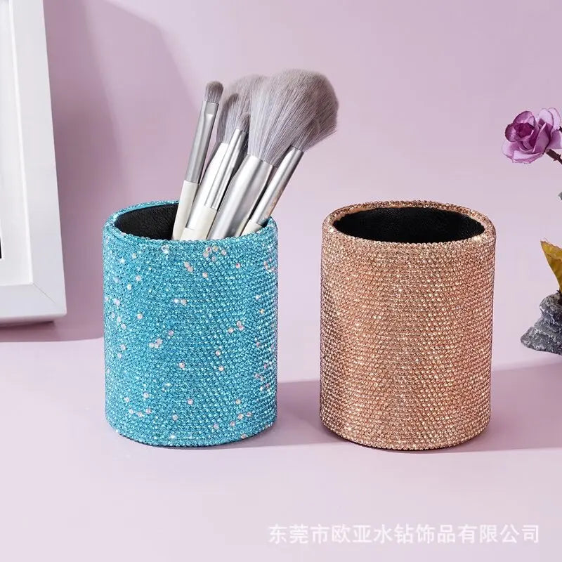 Diamond-Encrusted Round Makeup Brush Holder & Desk Organizer Desk Storage Organizer QXL